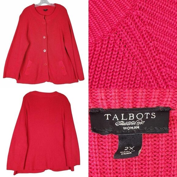Talbots Cardigan Sweater Women’s Plus Size 2X Solid Red Chunky Knit Holiday - Picture 1 of 9
